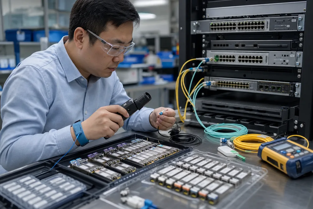 Network engineer checking labeled optical transceiver modules, fiber patch cords and switch ports during a China sourcing review
