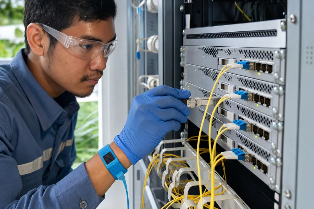 Technician installing complementary BiDi SFP modules on a single-mode fiber telecom link in Southeast Asia
