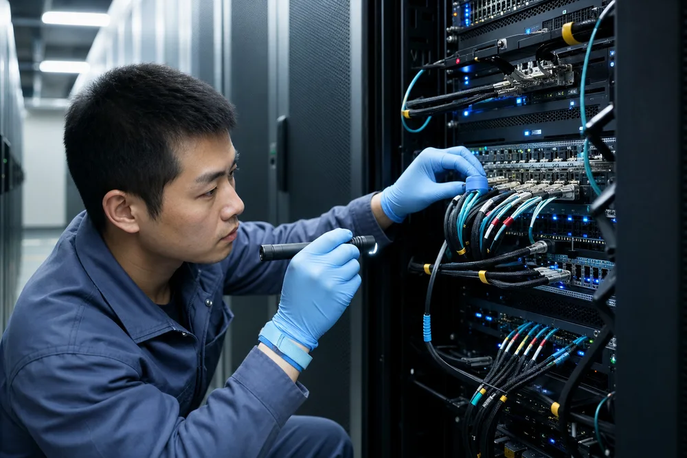 Technician checking labeled AOC and DAC cable assemblies between data-center switches and servers in a China rack row