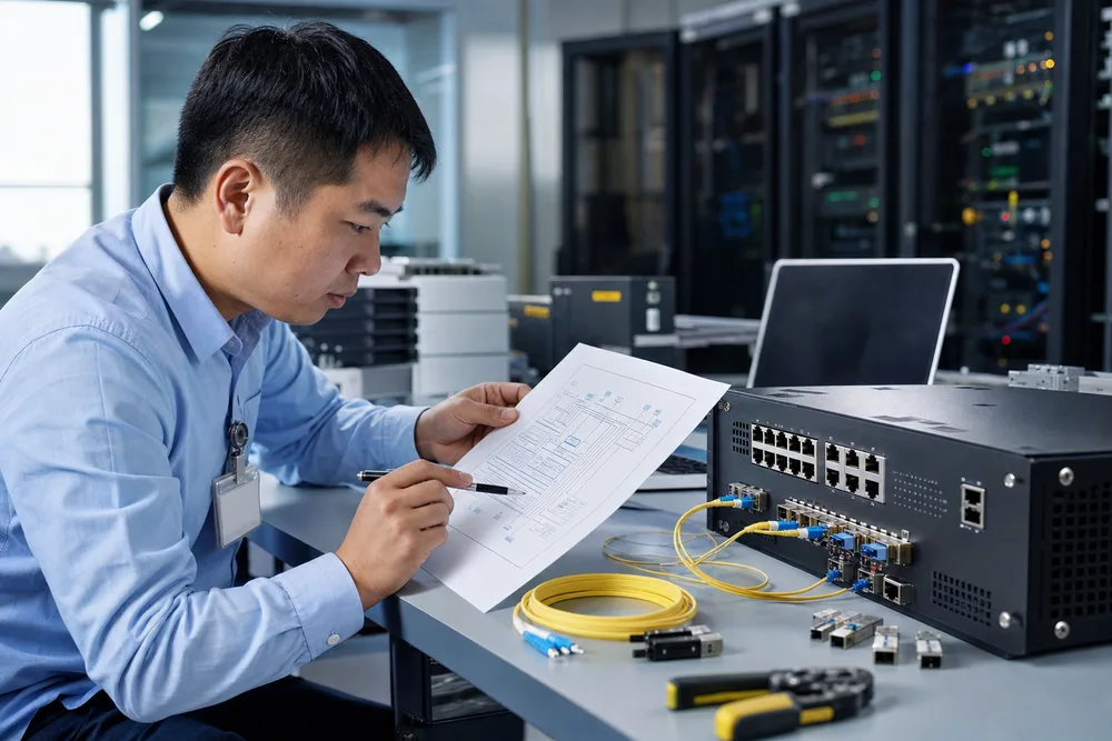 China project engineer reviewing a fiber Ethernet switch port map with RJ45, fixed fiber and SFP interfaces