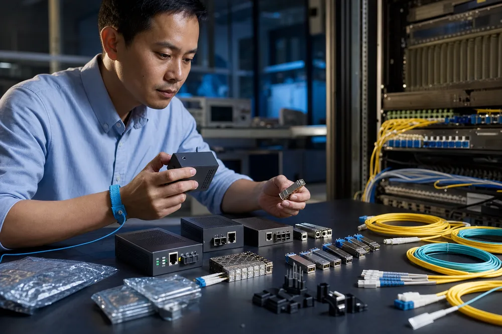 Network engineer comparing Ethernet-to-fiber media converters, SFP modules and fiber patch cords for a China infrastructure project