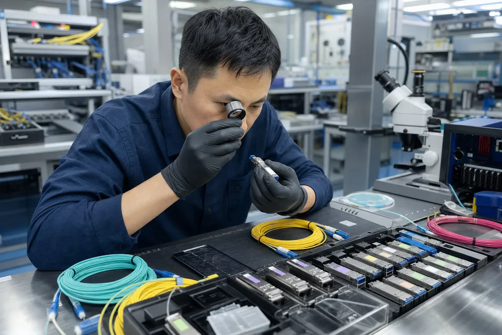 network engineer checking labeled optical transceivers and fiber patch cords in a Shenzhen test lab