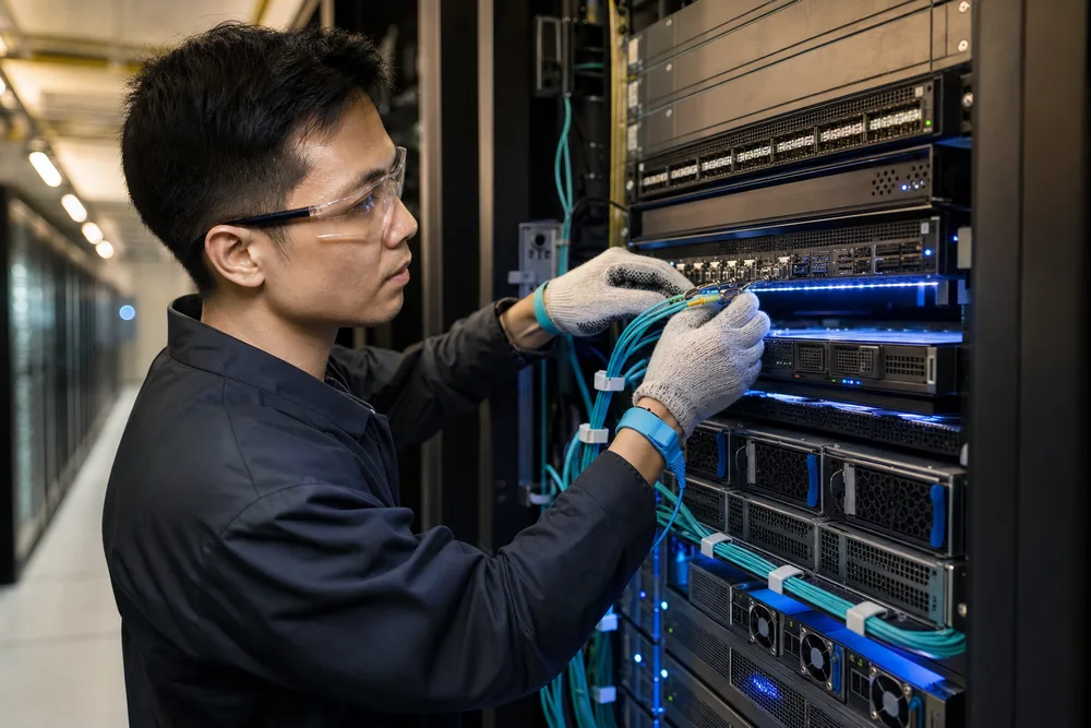 Technician checking AOC cable connections between high-density servers and a network switch in a Southeast Asian data center
