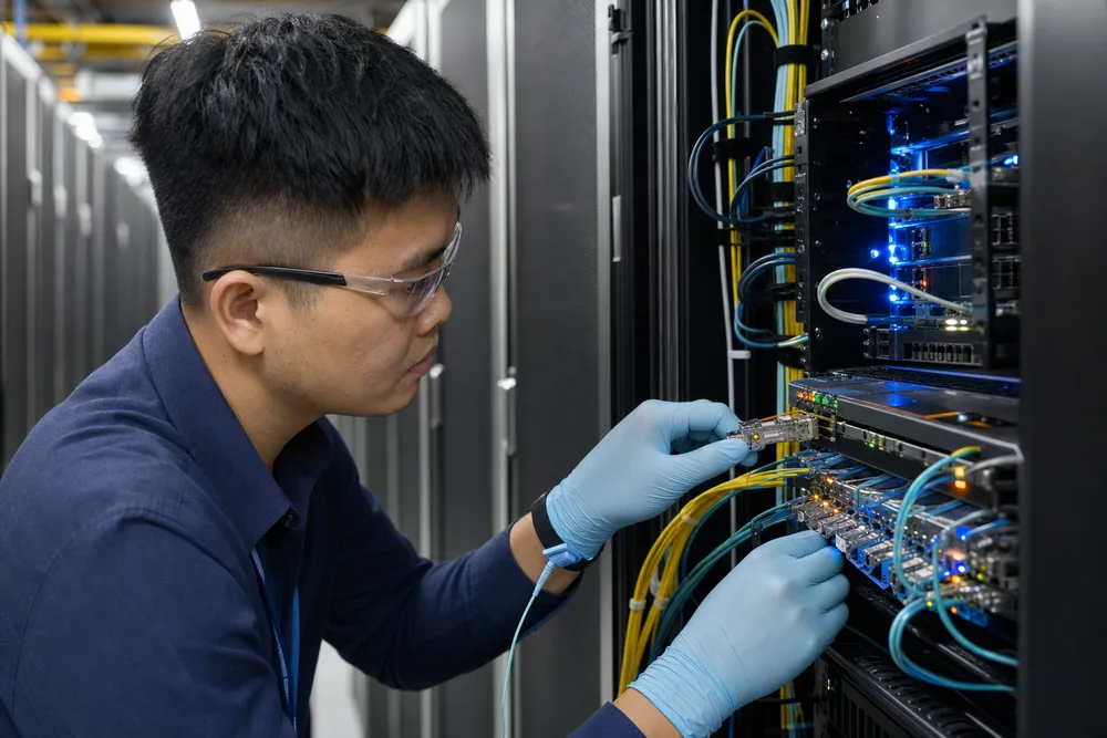 Network engineer checking optical transceiver labels and fiber patch cords in a Southeast Asian data centre