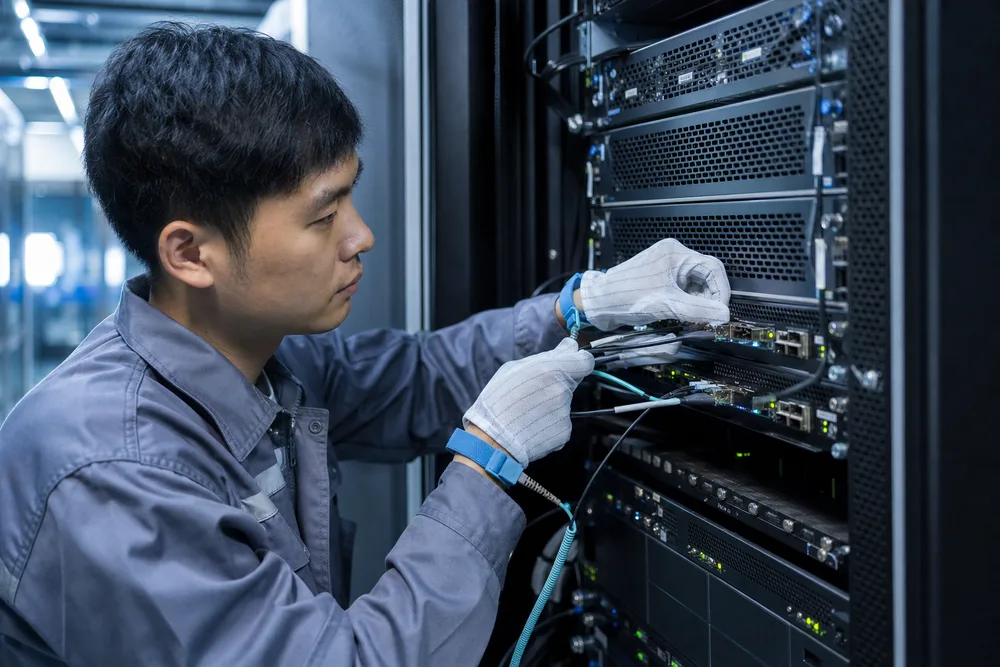 Technician checking SFP+ AOC and DAC cable connections between a server rack and top-of-rack switch in a Chinese data center