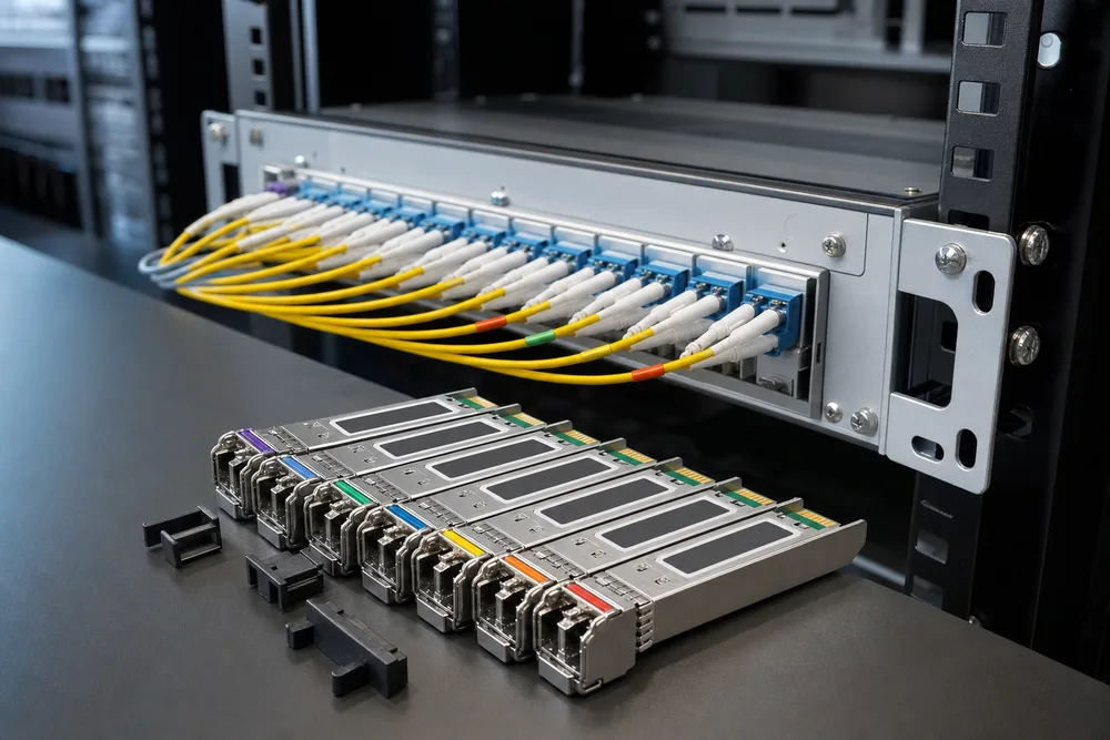 CWDM SFP modules with labeled wavelength channels beside a rack-mounted fiber mux demux panel
