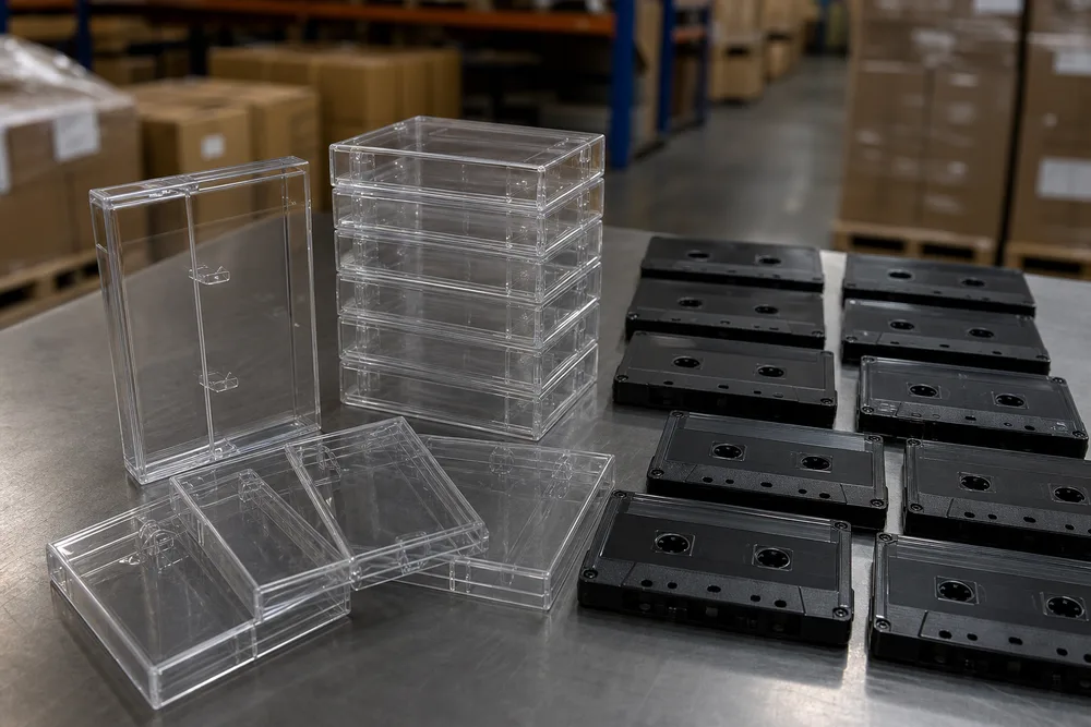 Clear empty cassette cases arranged beside audio cassette tapes for a U.S. wholesale packaging buyer