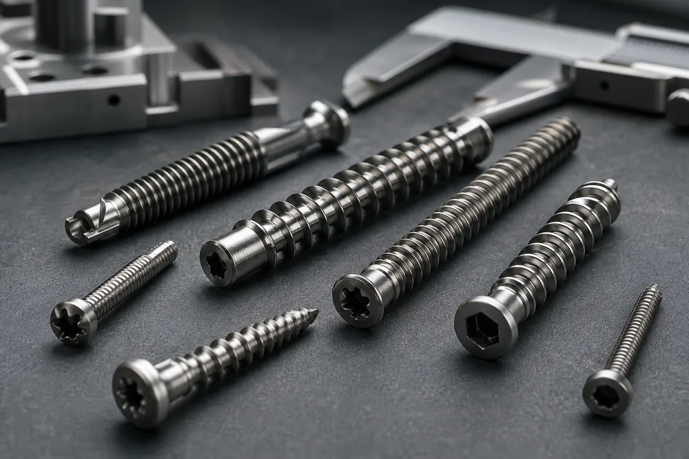 Close-up of precision-machined titanium orthopedic screws with varied thread profiles and drive recesses on an inspection bench