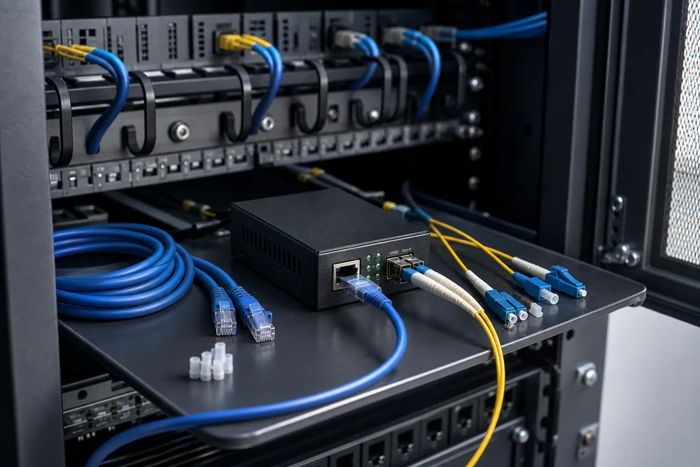Gigabit Ethernet-to-fiber media converter beside RJ-45 patch lead and fiber optic connectors in a China network cabinet