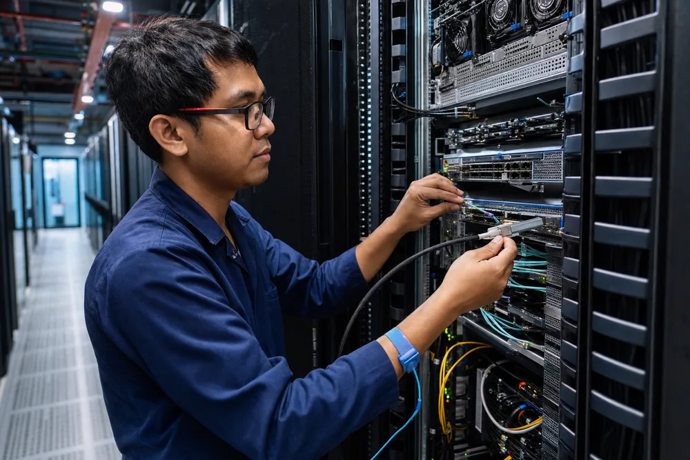 Technician routing a QSFP+ active optical cable between adjacent data-center racks in a Southeast Asian facility