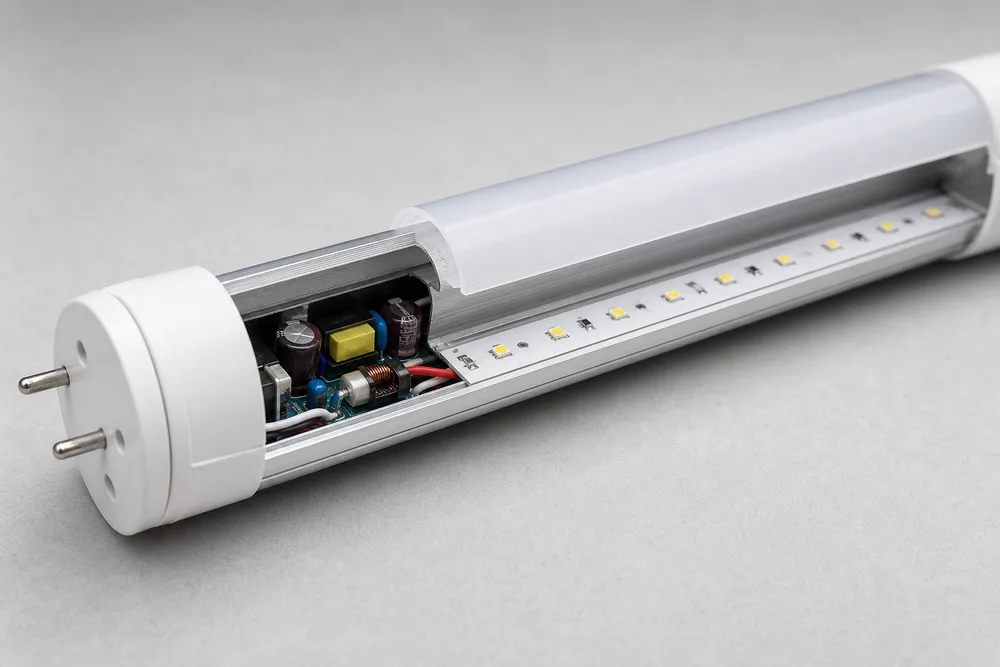 Close-up of a round LED T8 tube housing cutaway showing aluminum base, PC diffuser, PCB channel, driver cavity, and end caps