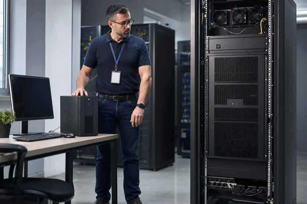 Technician comparing a compact UPS beside a home office PC and a larger rack-mounted data center UPS