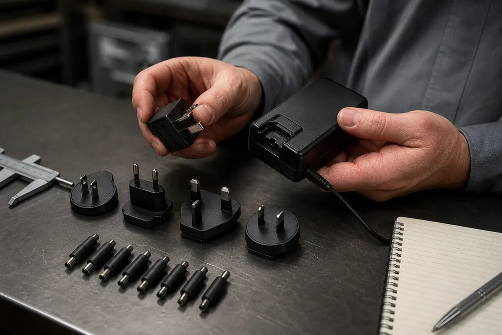 U.S. buyer comparing a 36W detachable plug power adapter, interchangeable AC plugs, and DC connector options on a workbench
