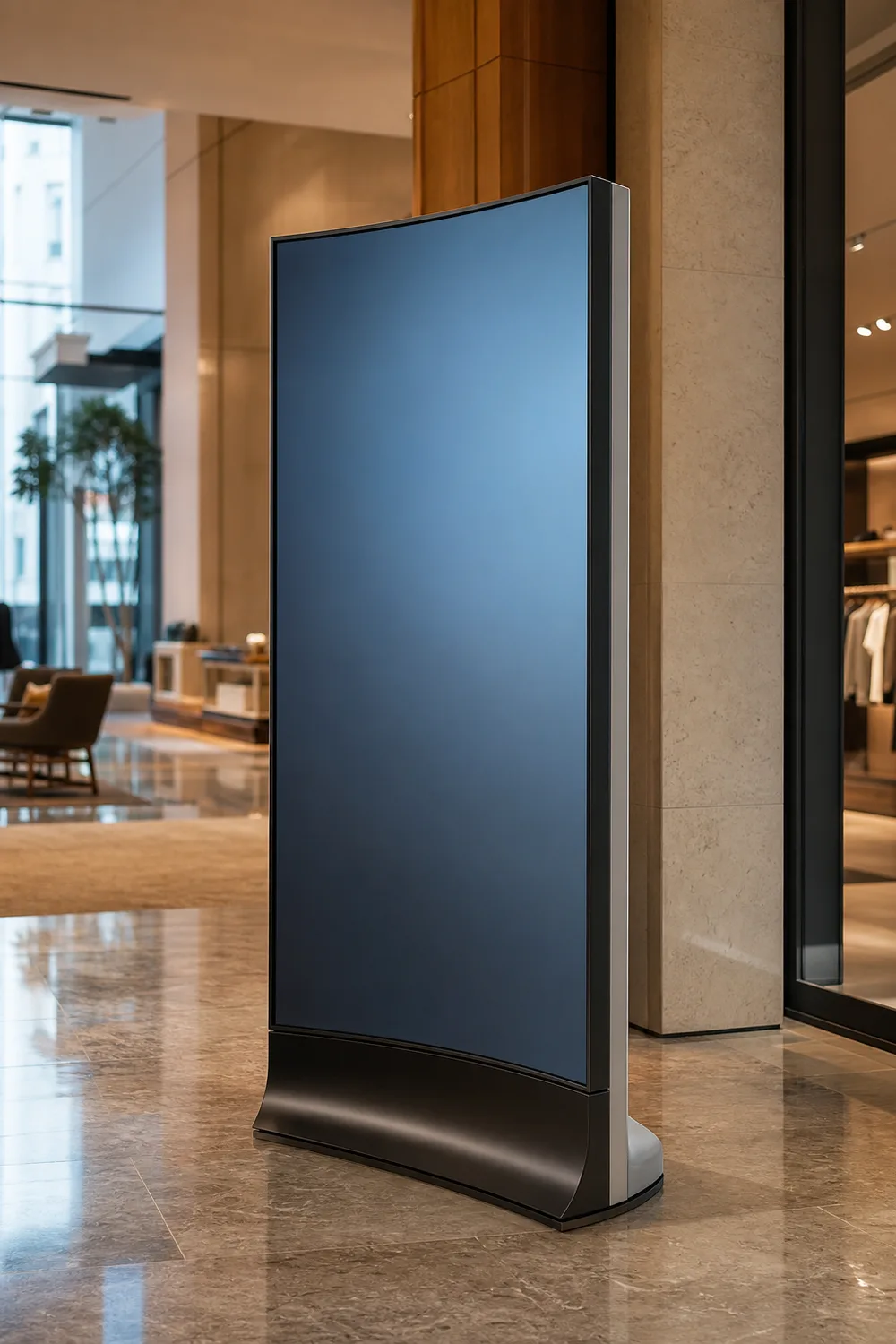 Curved floor-standing commercial digital display installed in an upscale US retail lobby