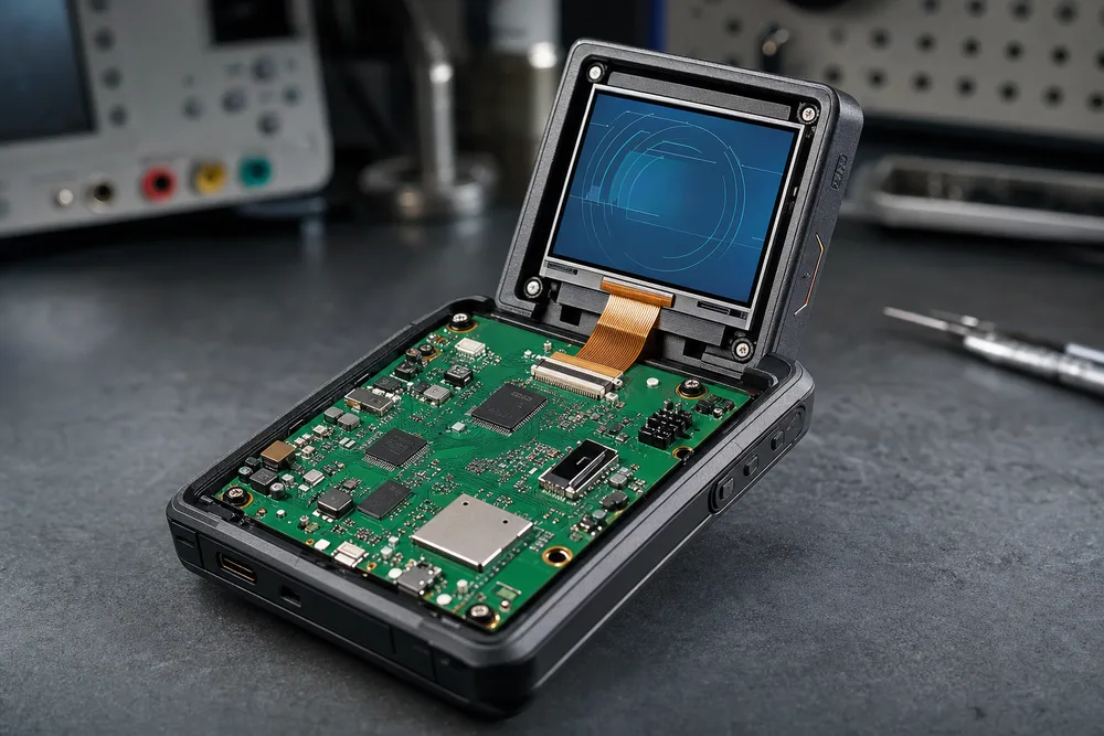 Compact industrial handheld circuit board connected to a 2.3-inch IPS TFT MIPI display module