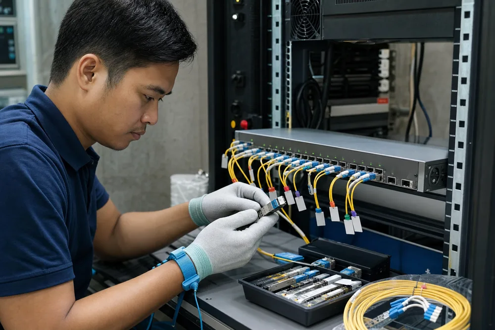 Network engineer checking labeled fiber patch leads and SFP modules beside a 16-port Fast Ethernet fiber switch in a Southeast Asian equipment room