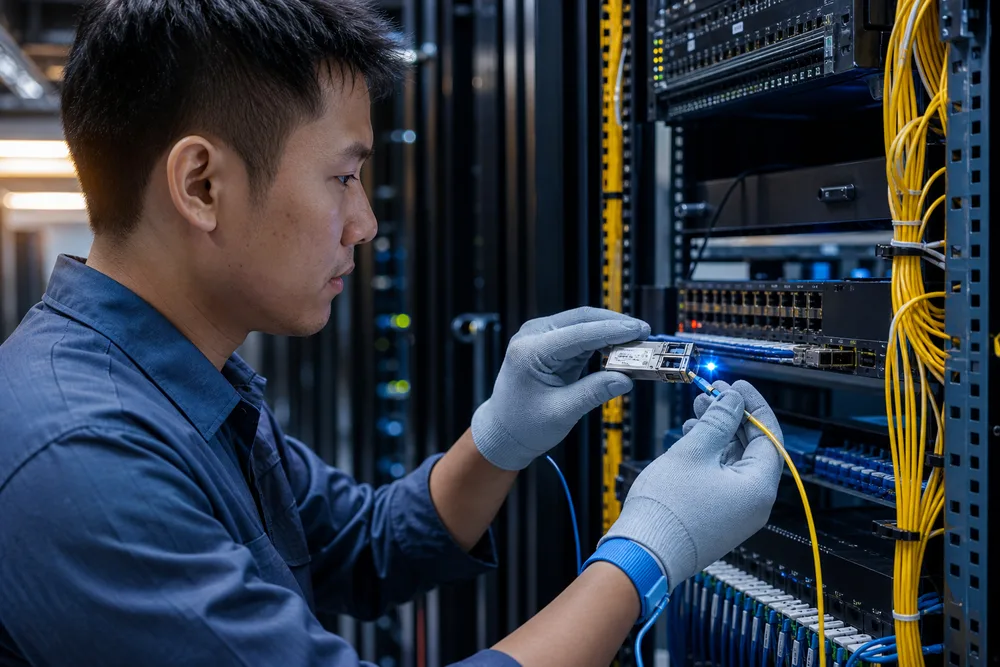 Technician checking SFP module label and fibre patch leads beside a network switch in a Southeast Asian data room