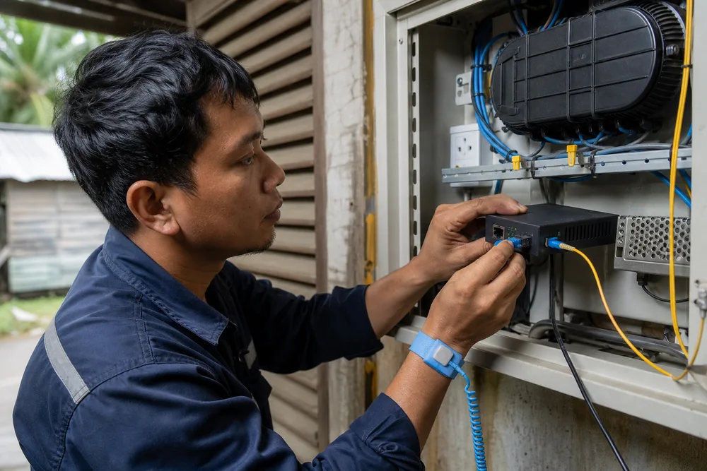 Technician installing a compact Fast Ethernet copper-to-fiber media converter in a Southeast Asian remote building network cabinet