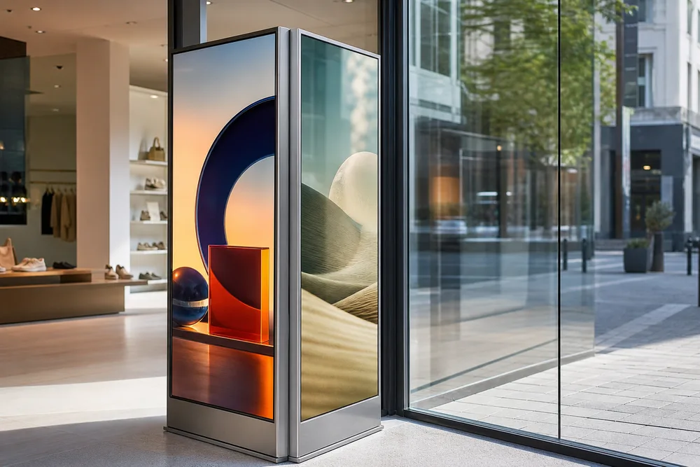 Ultra-slim double-sided digital signage positioned in a bright retail storefront, showing separate customer-facing and street-facing content