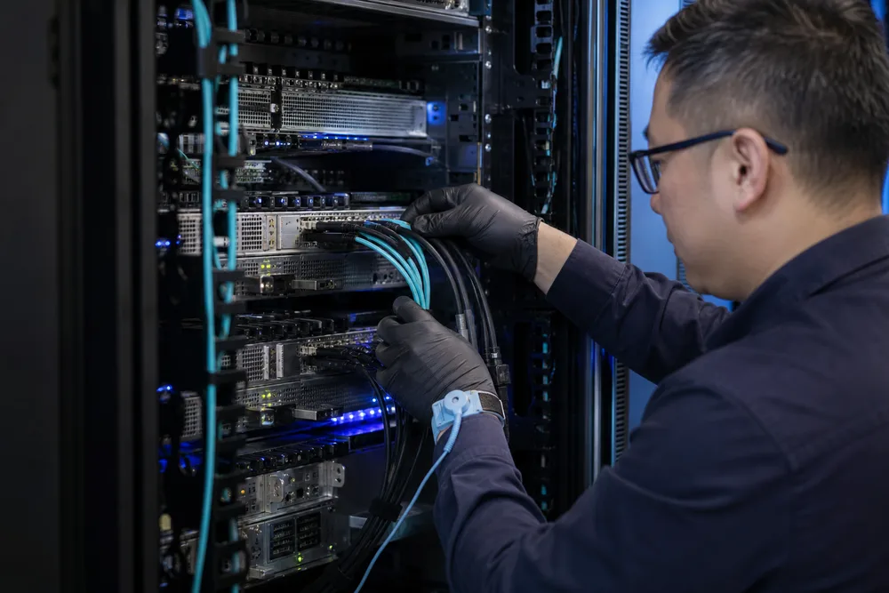 Technician routing AOC and passive DAC assemblies between data centre switches and servers in a high-density rack