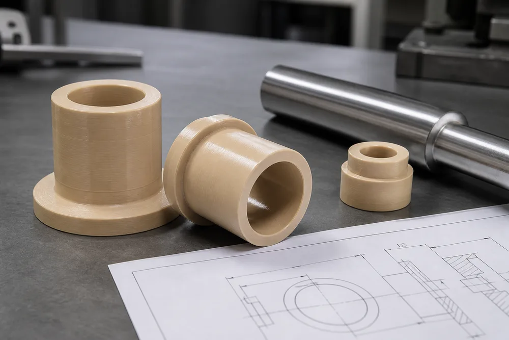 Precision-machined flanged and stepped PEEK bushings beside an engineering drawing and steel shaft