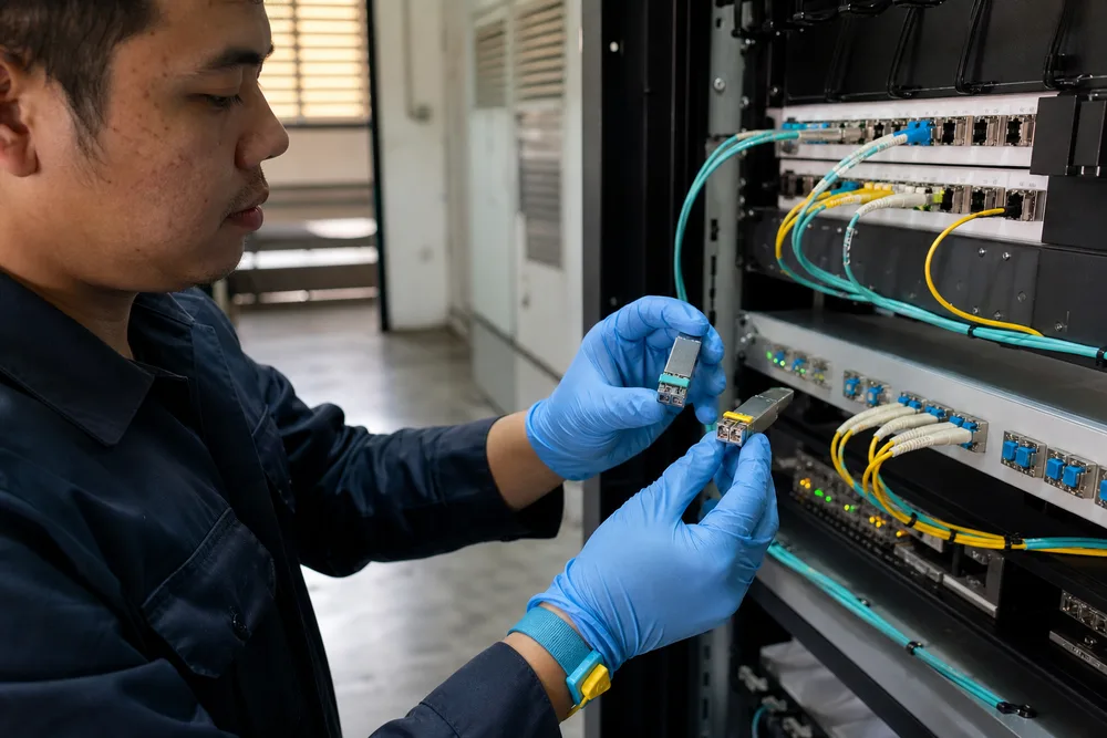 Technician comparing LC-connector 1000BASE-SX multimode and 1000BASE-LX single-mode SFP modules beside a fiber patch panel in a Southeast Asian building rack