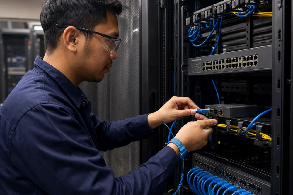 10G network technician connecting a rack-mounted copper switch to a fiber media converter in a Southeast Asian enterprise site