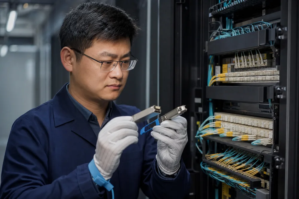 China data-center engineer comparing MPO and duplex LC 200G QSFP56 optical transceivers beside fiber patch panels