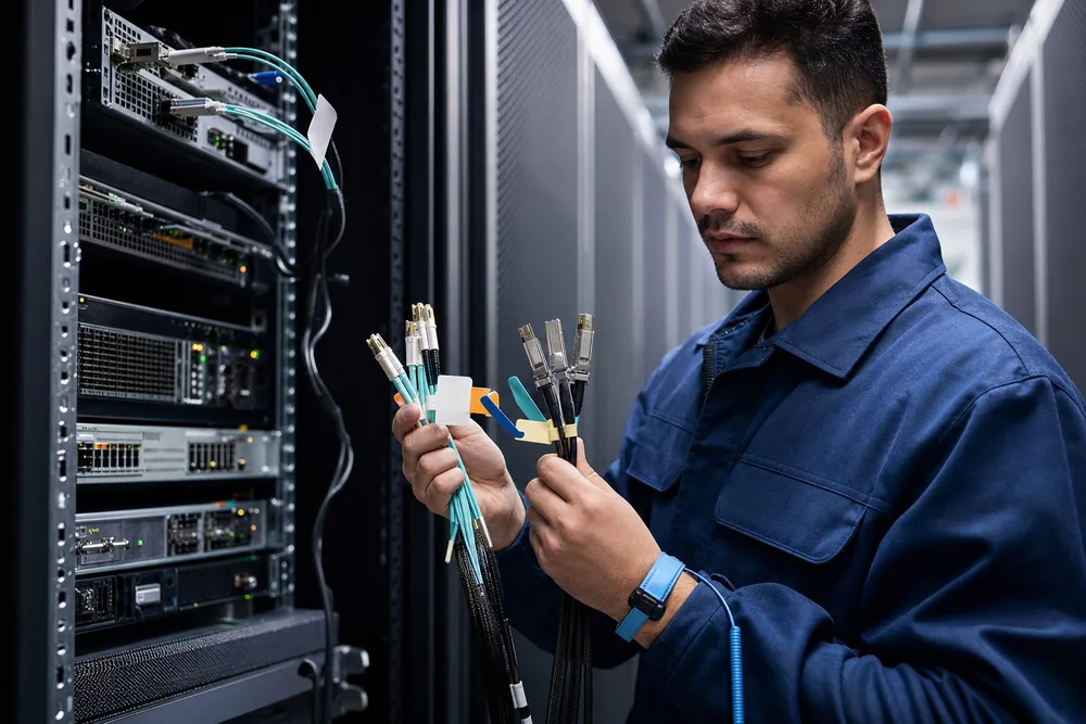 Technician verifying labeled AOC and DAC cable assemblies beside data center switches and servers
