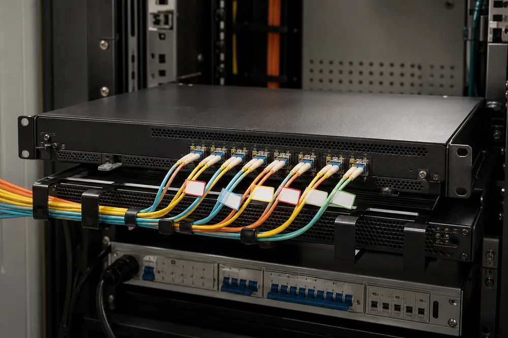 Eight-port Gigabit SFP fiber aggregation switch installed in a Southeast Asian network cabinet with labeled fiber patch cords