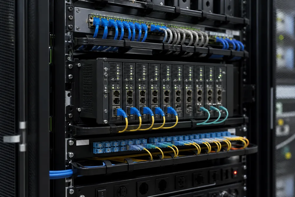 Network rack showing a centralized fiber media converter chassis with organized copper Ethernet and fiber patch connections