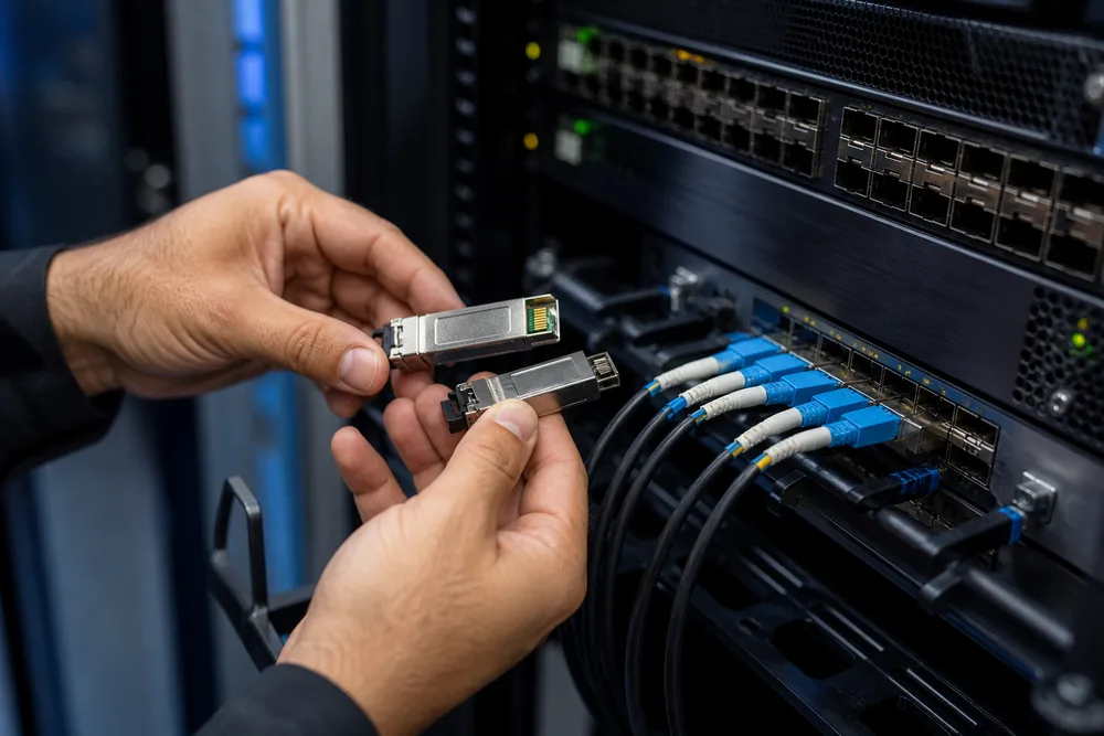 Technician comparing 25G SFP28 optical modules, LC fiber connectors and network switch ports in a data center