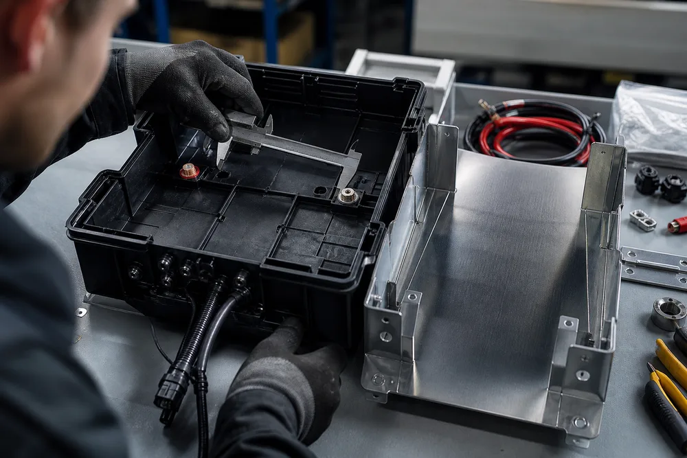 Technician comparing a 12V UPS battery case, terminal layout and equipment tray for a replacement installation