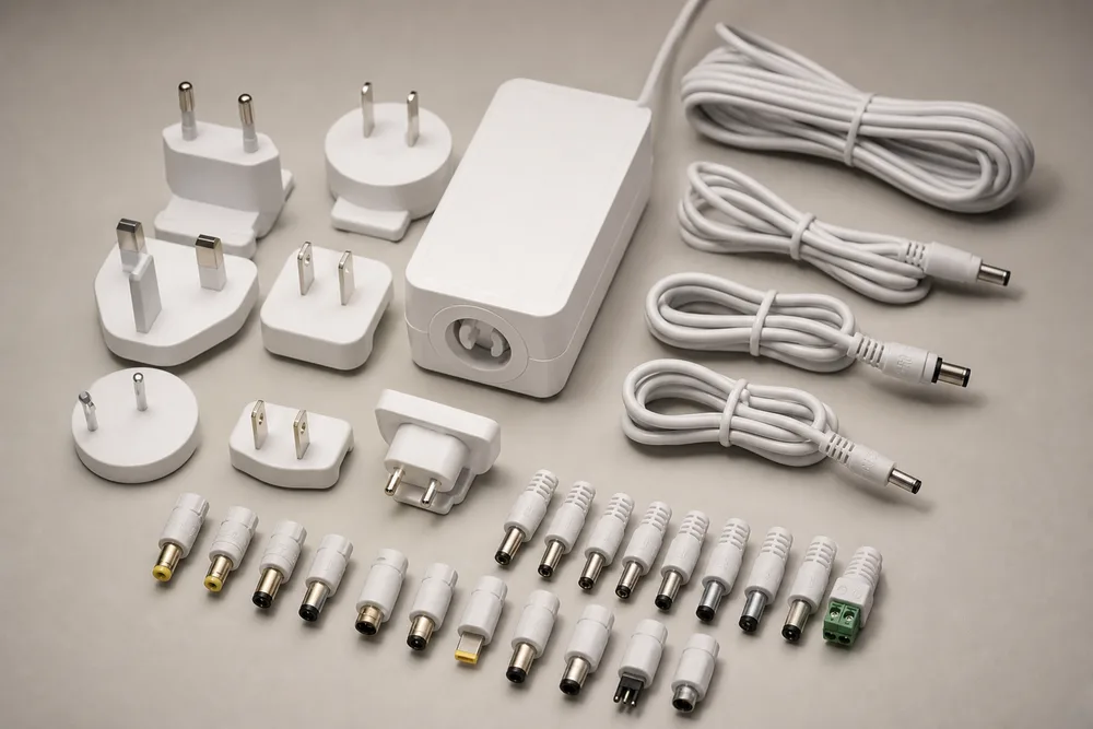 48W wall power adapter with detachable regional plug heads, DC cable and connector options arranged for global sourcing
