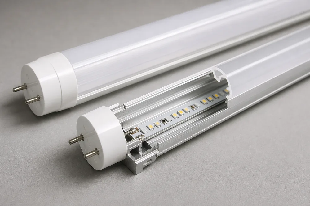 OEM LED T8 tube housing cross-section showing PC outer diffuser, 6063 aluminum inner component and LED PCB placement