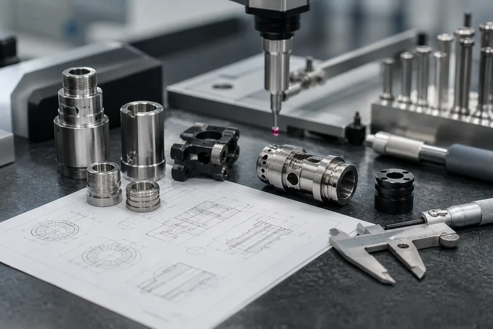 Medical device component drawing beside machined titanium and PEEK precision parts on an inspection bench
