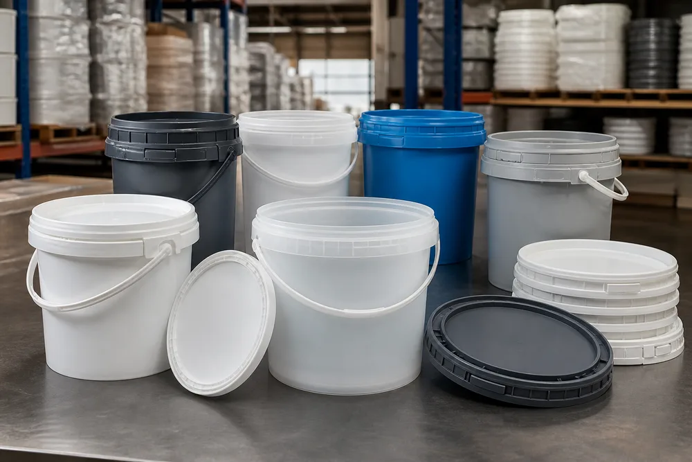 Industrial 25 litre round polypropylene pails with different lid styles prepared for packaging procurement