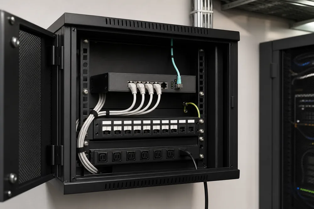Compact edge network cabinet showing four RJ45 copper devices connected to a Gigabit switch with a single fiber uplink
