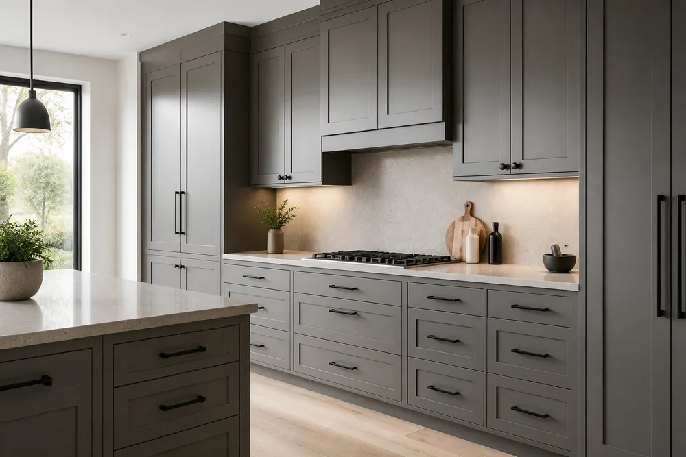Modern gray kitchen cabinetry with coordinated matte black bar pulls, black knobs, and balanced natural lighting