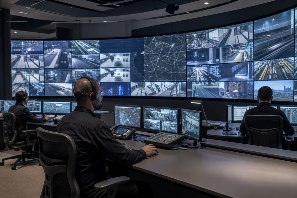 Commercial curved LCD video wall installed in a modern surveillance control room with operators viewing multiple content sources