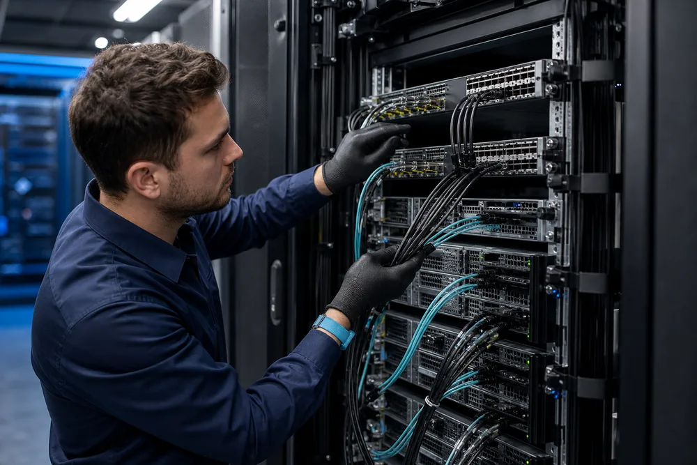 Technician routing direct attach copper and active optical cables between top-of-rack switch and servers in a data center rack
