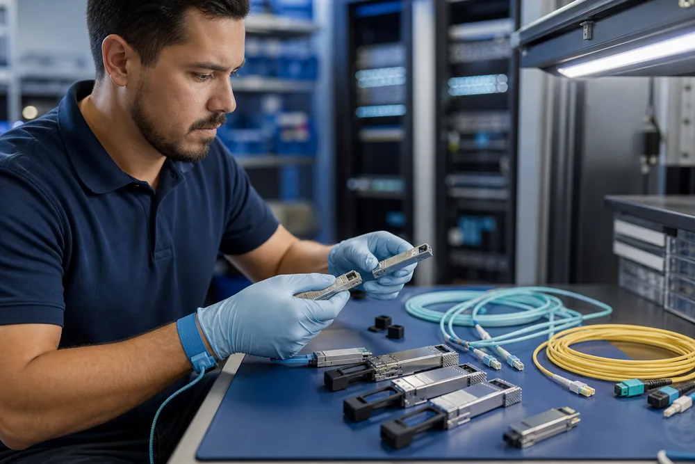 Technician comparing 400G QSFP-DD optical transceivers, MPO and LC fiber connectors in a data center staging area