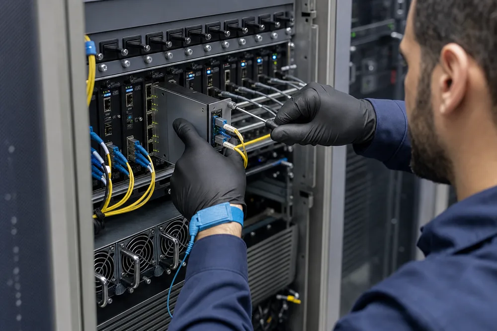 Network technician installing card-type fiber media converters in a managed 19-inch rack chassis