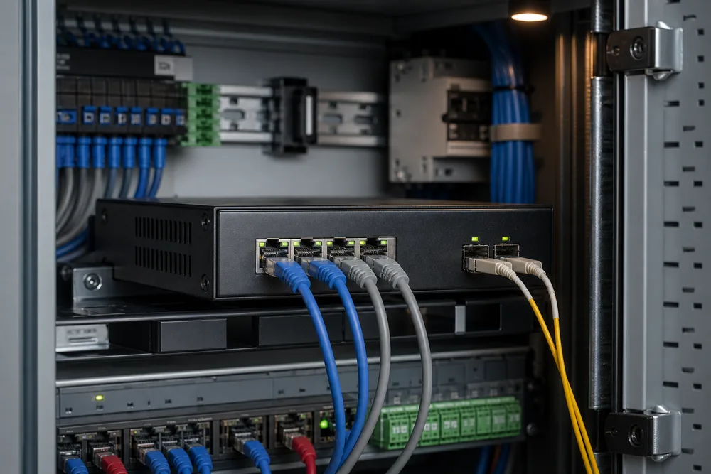 compact metal Gigabit Ethernet switch with four RJ45 ports and two SFP fiber uplinks in a small network cabinet