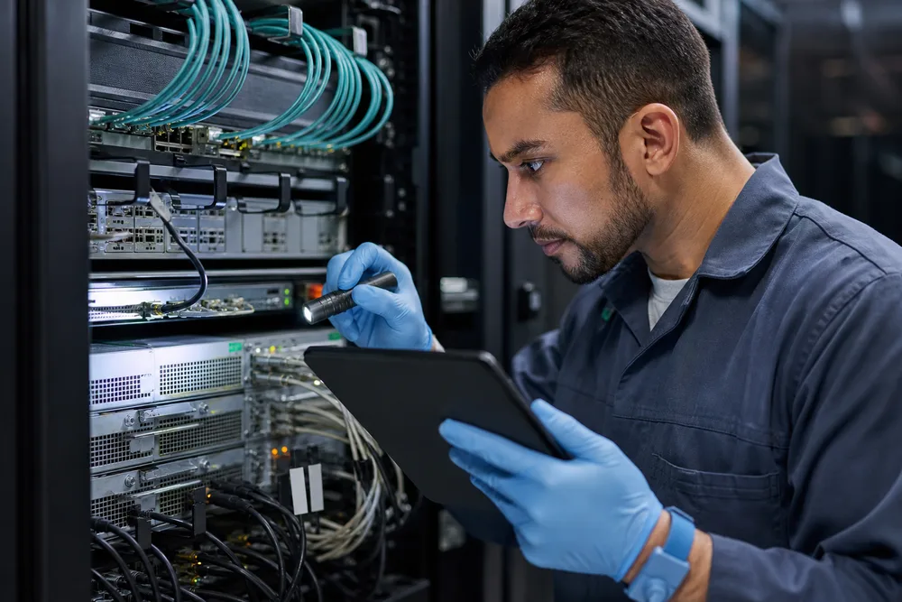 Technician checking AOC and DAC cable port labels on a data center switch and server rack