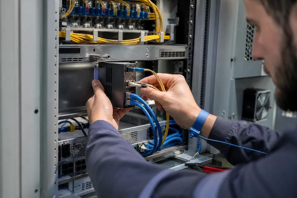 Network technician installing a compact two-port Gigabit copper-to-fiber media converter in an international telecom cabinet
