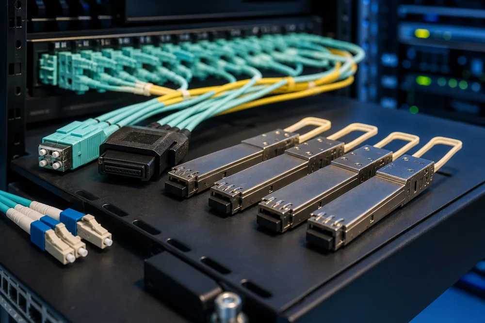 40G QSFP+ modules beside MPO and duplex LC fiber connectors in a data-center rack