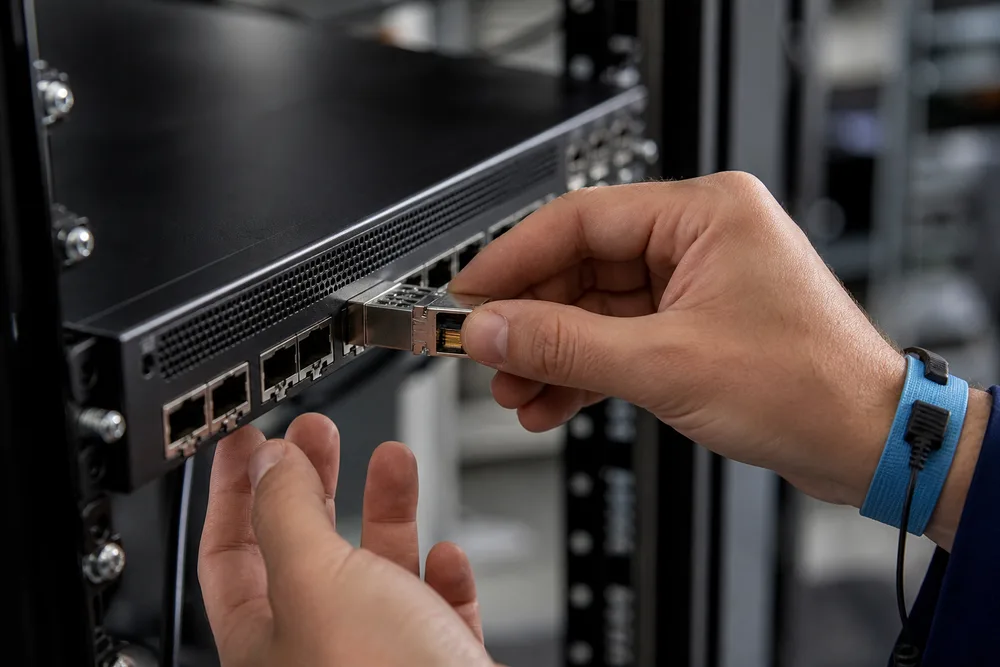 Network technician installing an RJ45 10G copper SFP module into an enterprise switch SFP+ port