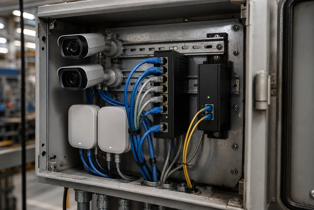 Small industrial edge network showing copper cameras and access points connected to an unmanaged switch, with a separate fiber media converter on the uplink
