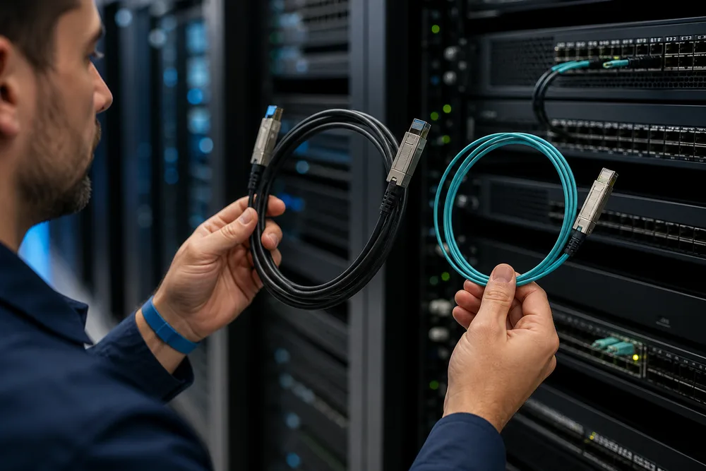Technician comparing a copper DAC cable and fibre-based AOC cable beside data center switches